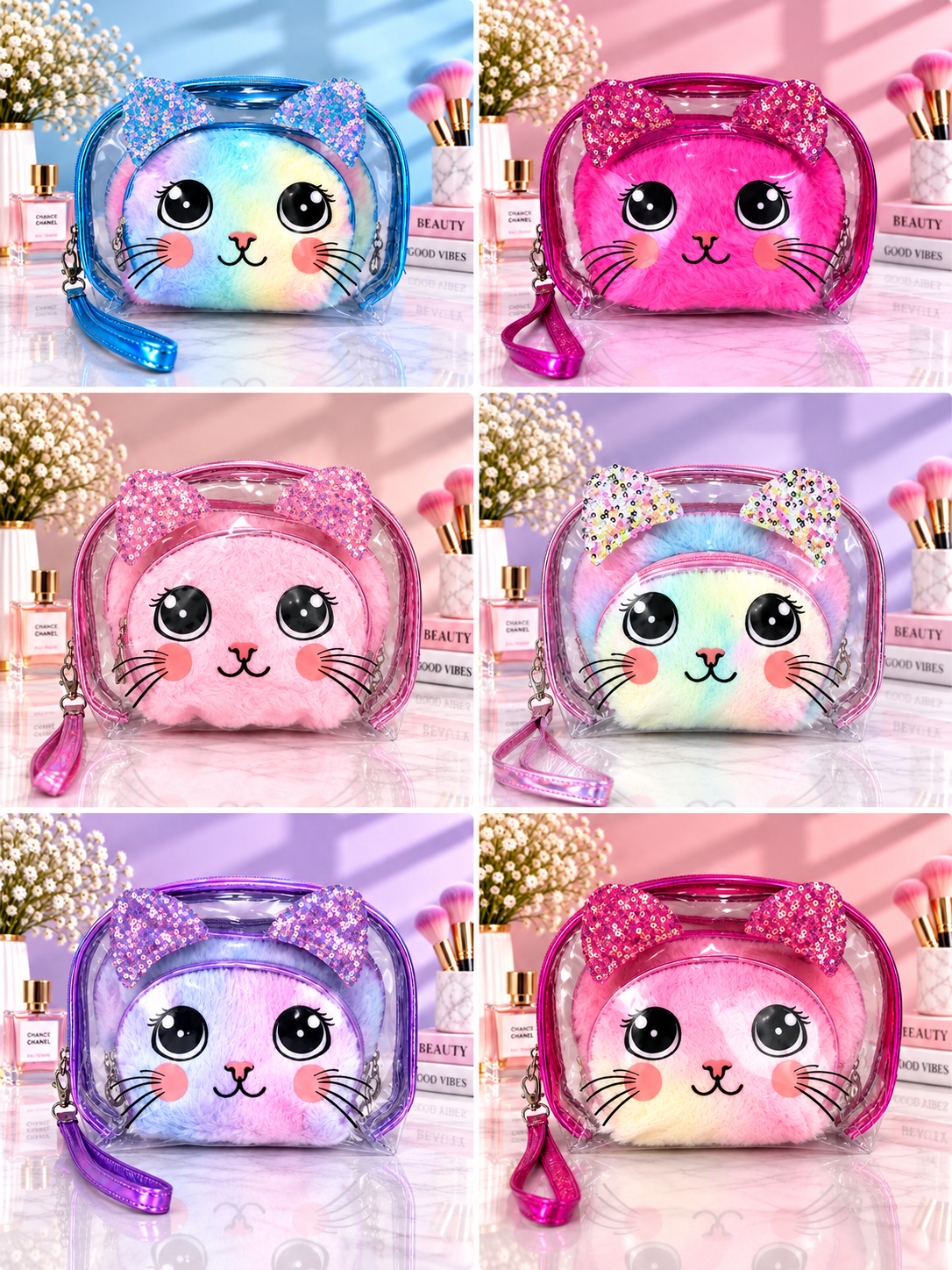 2-in-1 cat-face cosmetic organizer set with clear front, fluffy fabric, sequined ears